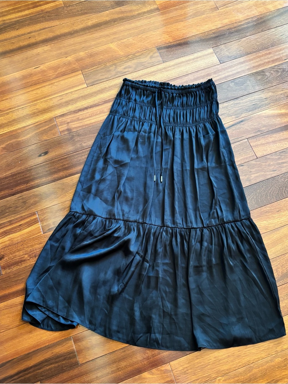 Black Smocked Waist Tiered Satin Maxi Skirt